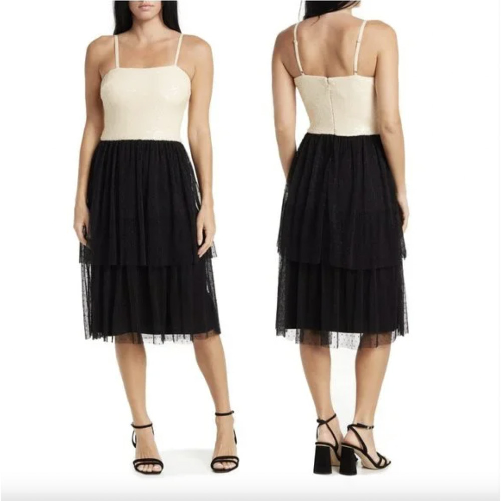 NWT $198 Dress the Population Cream Sequin Tulle Cocktail Dress